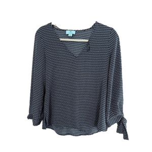 CECE Blouse V-Neck Allover Spotted Pattern Long Sleeve Tie Cuff Blue Size Xs